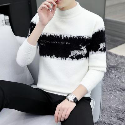 Autumn Winter Half High Collar Casual Fashion Sweater Male Patchwork All-match Bottomed Knitting Pullover Top Men
