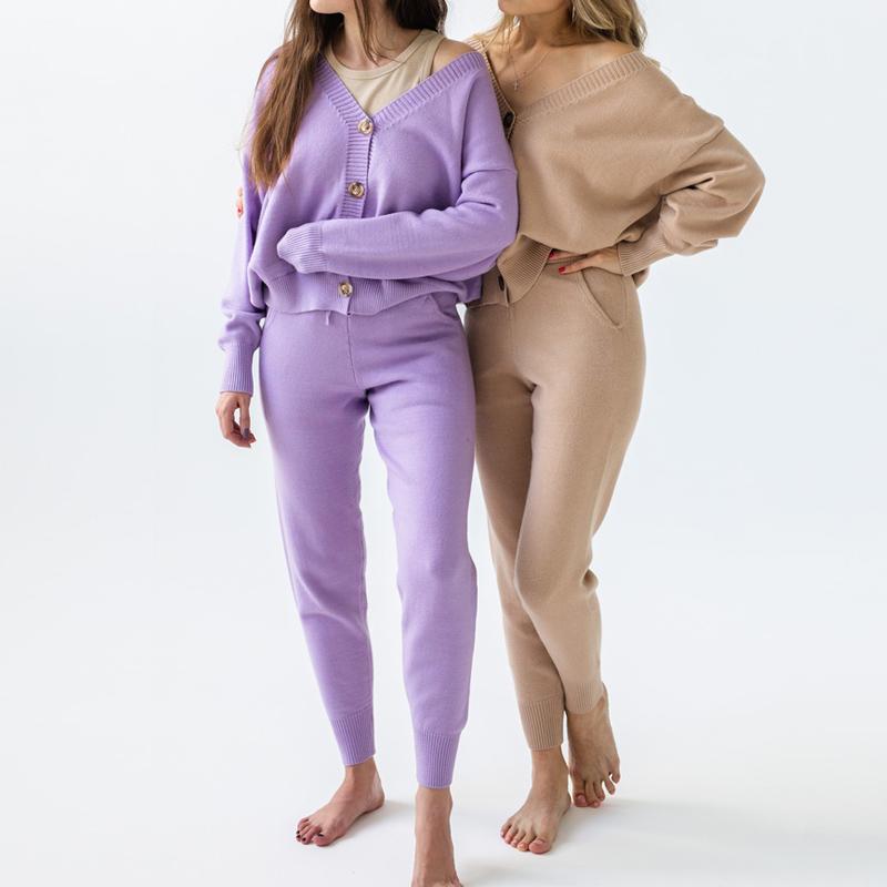 

Женский вязаный комплект из двух частей, кардиган, свитер, повседневные спортивные костюмы, брюки-карандаш с высокой талией