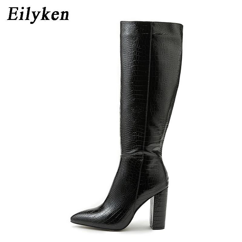 

Fashion Eilyken Black Serpentine Fashion Women Knee High Boots Sexy Pointed Toe Square Heels Ladies Long Boot Zipper Female Shoes 35