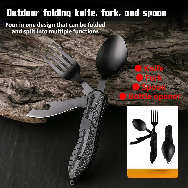 Outdoor Camping Utensilien Tragbarer Edelstahl Faltbarer Löffel Gabel Messer Flaschenöffner Combo Set Besteck Geschirr Multitool