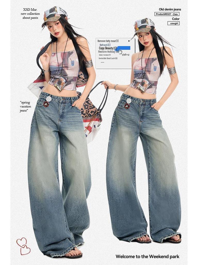 Women's American Washed Retro Wide-Leg Jeans - 2026 Spring High-Waisted Flattering Fit.