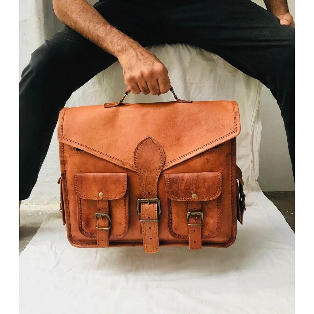 Brown Vintage Goat Leather Messenger Real Satchel Bag Genuine Laptop Briefcase
