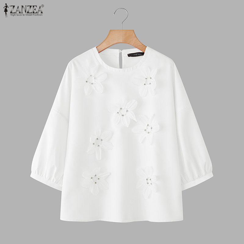 ZANZEA Lässige Bluse mit Rundhalsausschnitt und 3/4-Ärmeln für Damen