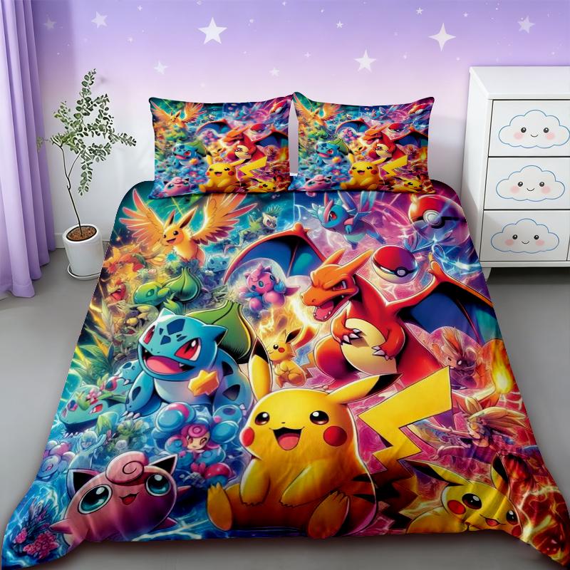 Conjunto de Roupa de Cama Pokemon Desenho Animado Anime Quarto Infantil Capa de Edredom Menino Menina Roupa de Cama Solteiro Casal King Capa de Edredom Pikachu Presente