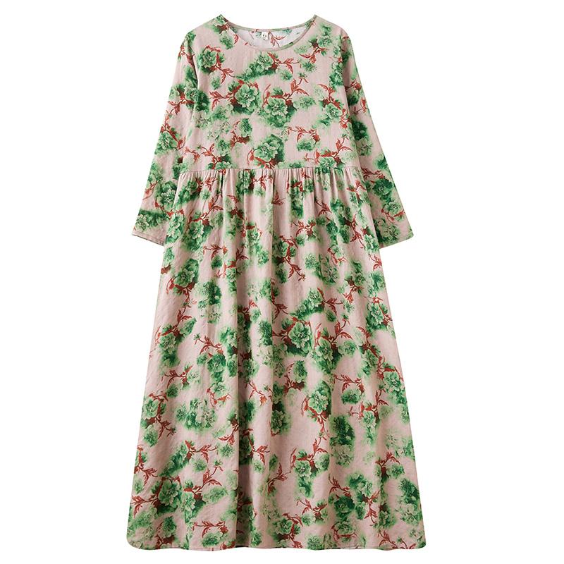 DIMANAF 2025 Women New Plus Size Spring Long Dress Long Sleeve O-Neck Vintage Printing Loose Casual Maxi Holiday