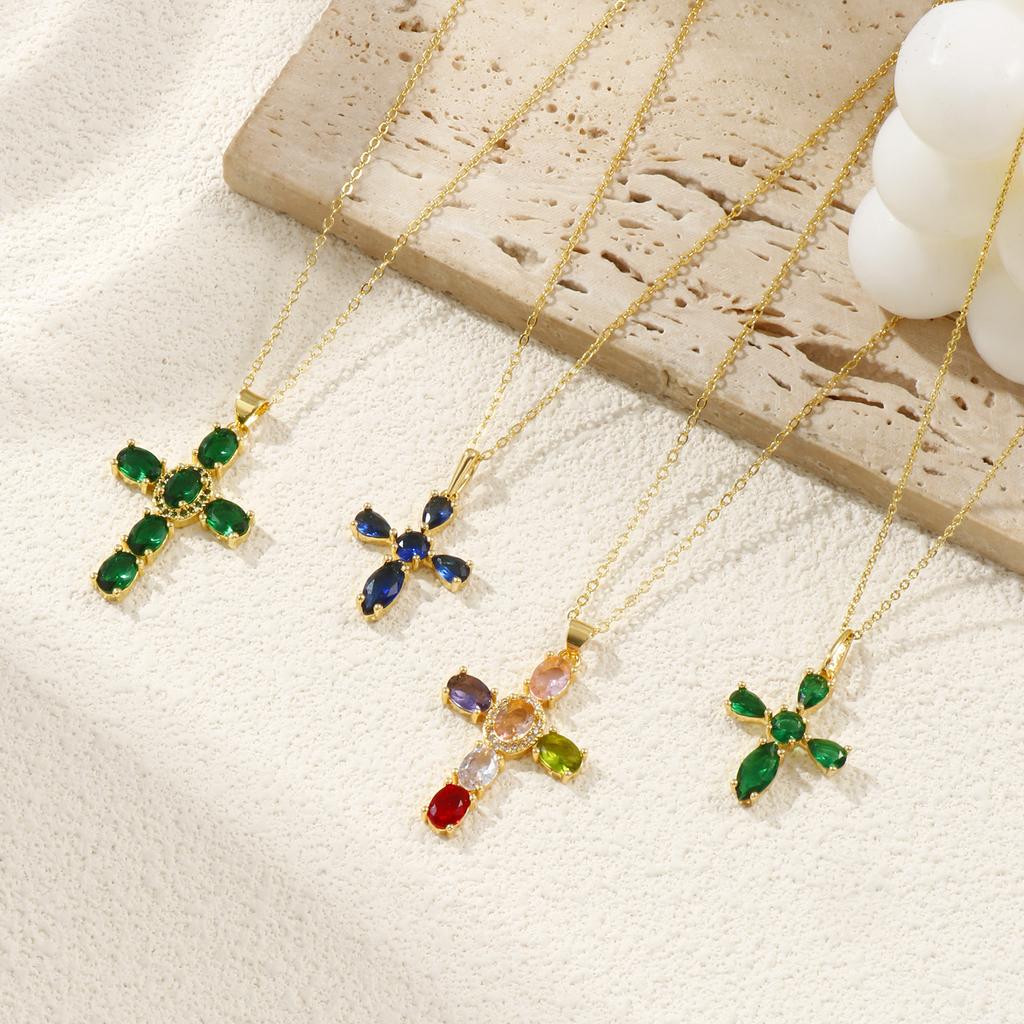 1 Piece Gold Plated Cross Charm Necklace Brass Chain Cubic Zirconia Pendant Necklace For Women Fashion Jewelry 46cm + 6cm