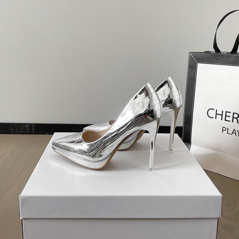 

Fashion 2025Fashion Stone Pattern Patent Leather Platform Women Shoes Classic Style Thin Heel Pointed Toe Pumps Girl Party Prom Shoes 34 серебряный