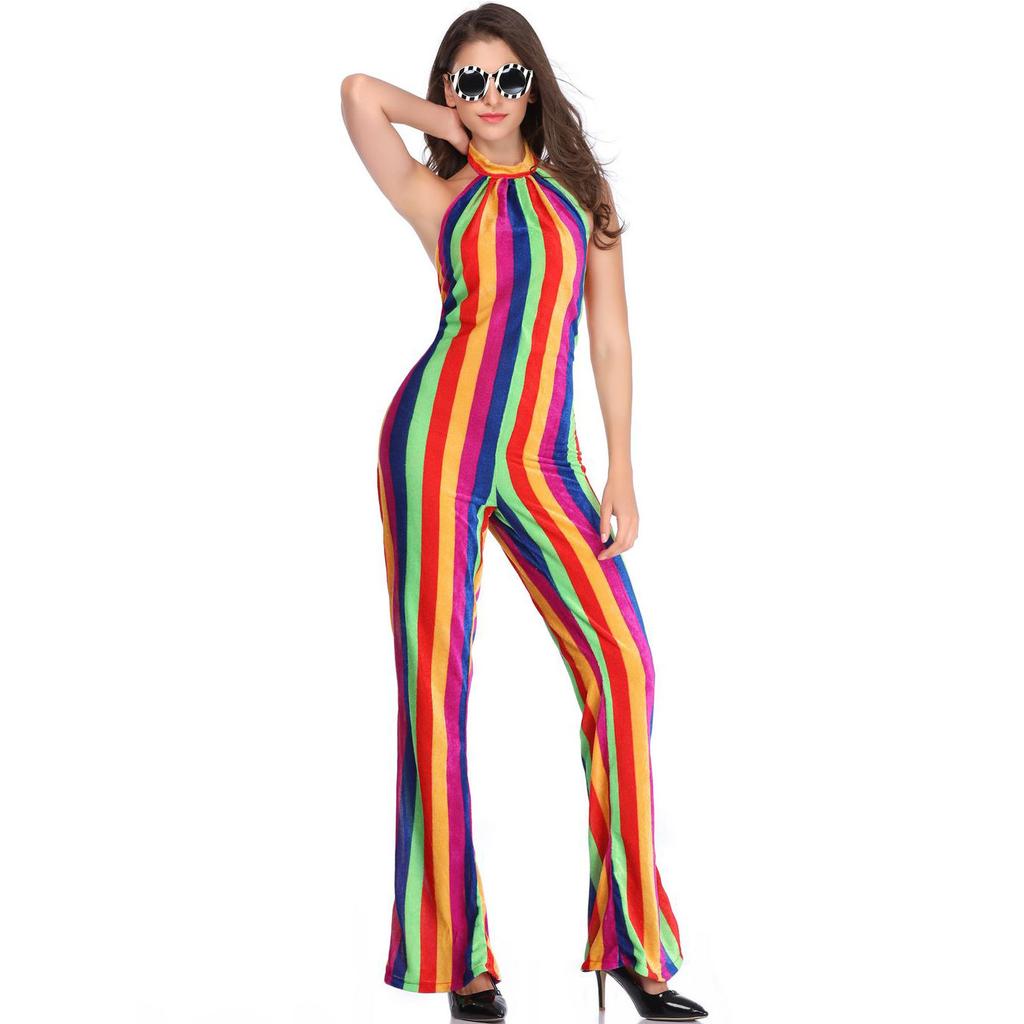 Rainbow striped print stage jumpsuit, clown costume cos women's costume, halloween costume