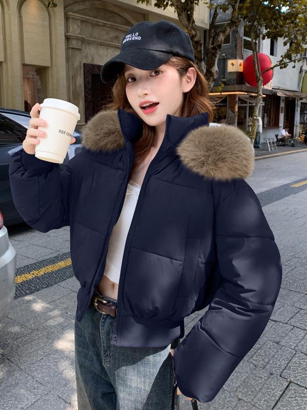 Women's Winter High Waist Hooded Short Jacket with Removable Fur Collar