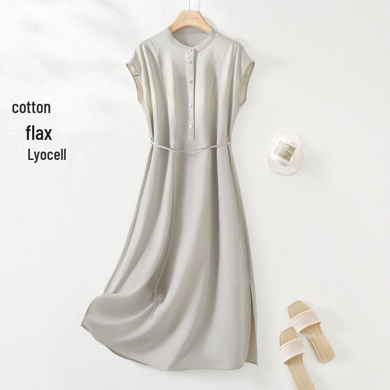 IHIMI Lyocell Linen Tie-Waist Shirt Dress S