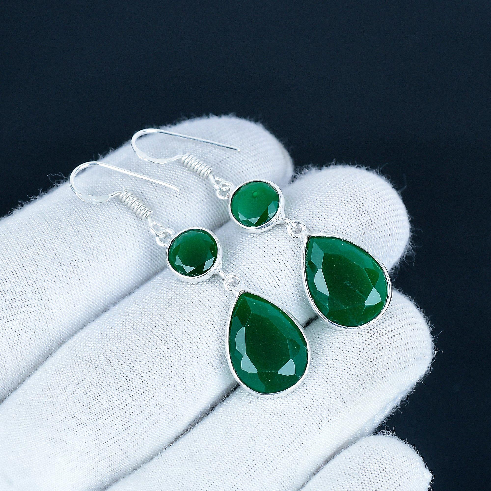 

Изящные серьги с изумрудами, серьги из стерлингового серебра 925 пробы, серьги-подвески, серебряные украшения в стиле бохо ручной работы, подарок на День святого Валентина 7 Cm зелёный