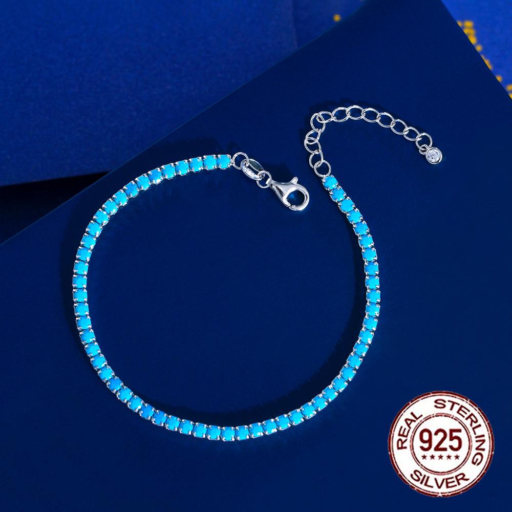 Modisches 925er Sterlingsilber Hummerverschluss Blauer Türkisstein Verstellbares 2,5mm Tennisarmband für Damen Hochzeitsaccessoires
