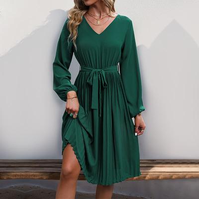 Spring and Autumn V-Neck Long Sleeve Skirt Women's Tie Pleated Lace Dress