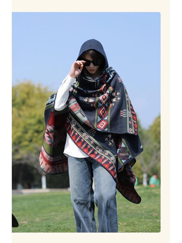Ethnic Hooded Cape Shawl - Unisex Warm Travel Outerwear Cloak
