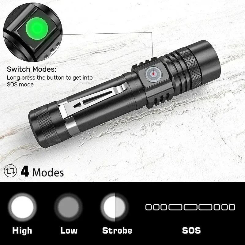 Super Bright T6 Flashlight USB Rechargeable Tactical Zoom Torch Portable Pen Clip Work Lamp Outdoor Camping Fishing Flashlight