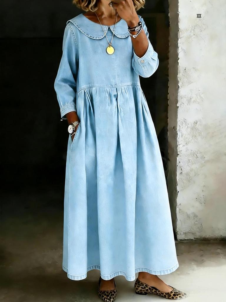 European and American Style Plus Size Denim Dress with Doll Collar and Long Sleeves