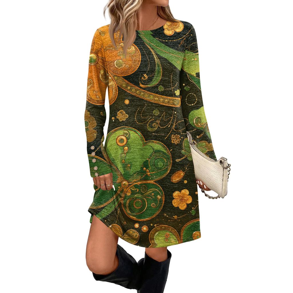 Women's Fashionable Round Neck Long Sleeved St. Patrick's Day Printed Pocket Button Casual Dress