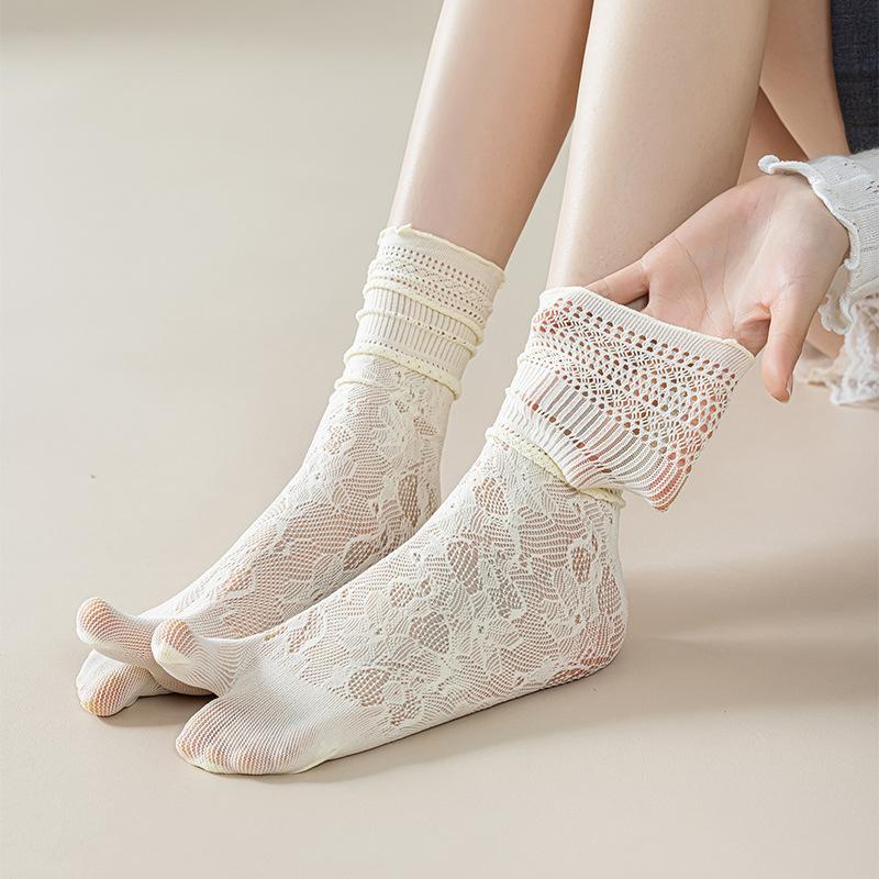 

Fashion Japanese Tabi Toe Socks Women Summer Sexy Lace Two Finger Socks Mesh Breathable Solid Transparent Split Tabi Toe Socks бежевый