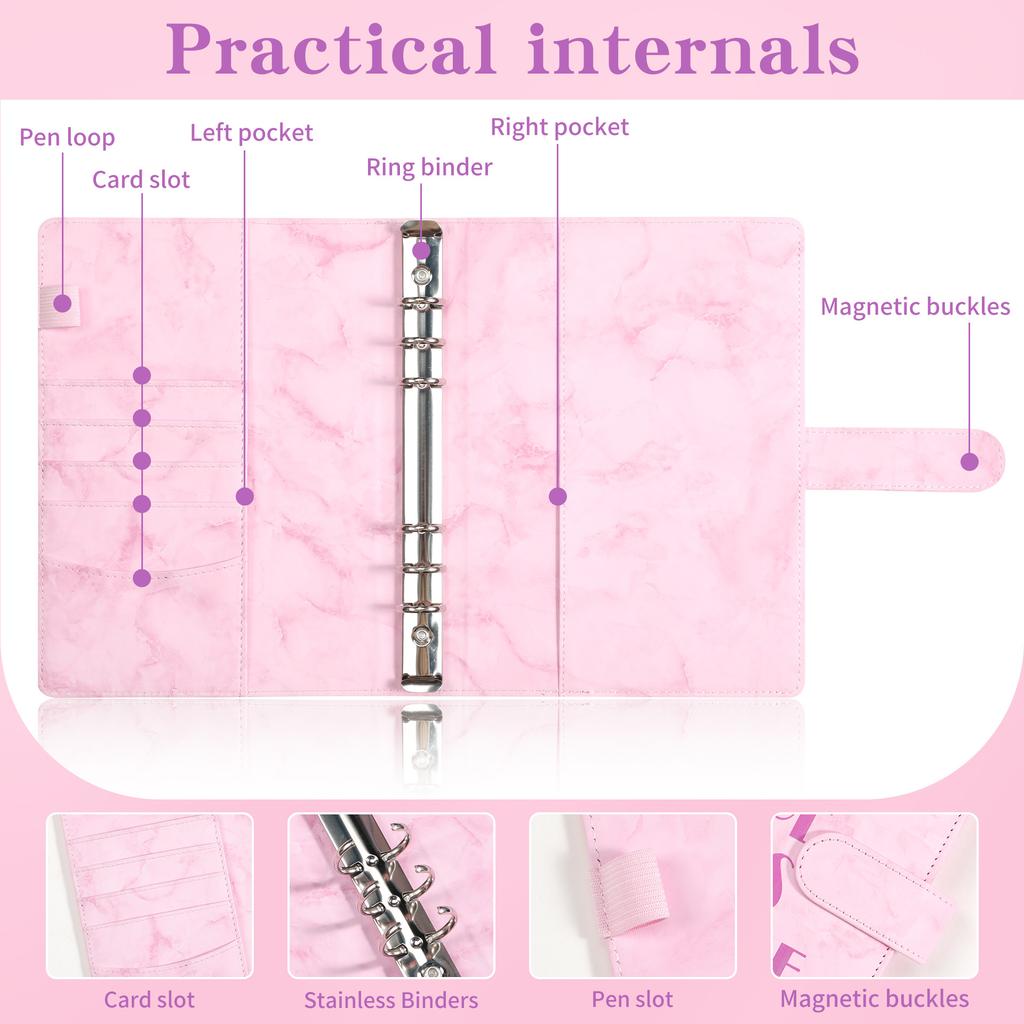 100 Envelope Money Savings Challenge Binder Set A5 PU Leather Students Notebook Marble Budget Binder with Cash Pockets