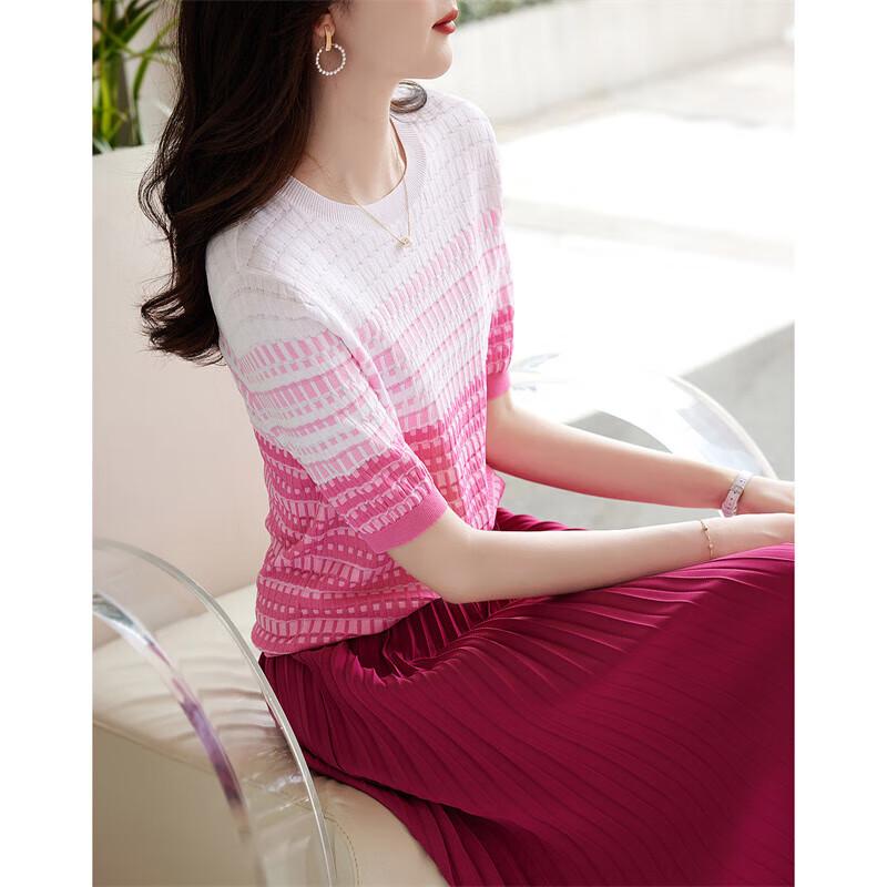 Demana Women's Color-block Jacquard Mid-Sleeve Knit Top