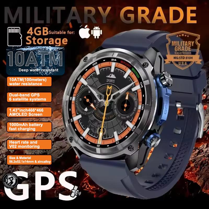 New Built in Real GPS HD Smart Watch Men Outdoor Altimeter 1000mAh Battery 4GB Memory 10ATM Waterproof Bluetooth Call Sport Fitness Fashion Smartwatch