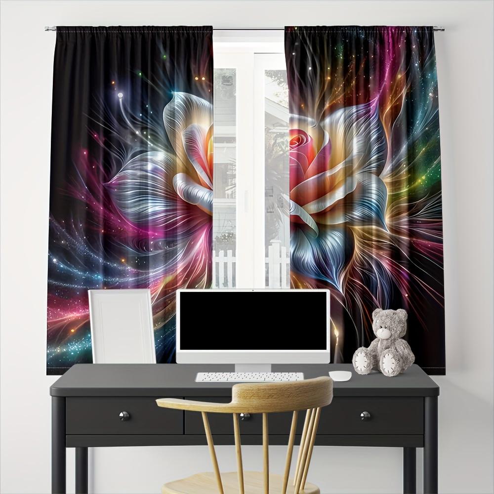Modern Floral Crystal Cosmic Design 2-Piece Curtain Panels Set Digital Print Rod Pocket Hanging for Living Room Bedroom Home