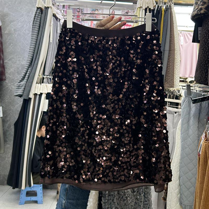 Elegant Sequin Mesh Skirt: 2025 Autumn/Winter Slimming Style with Elastic Waist