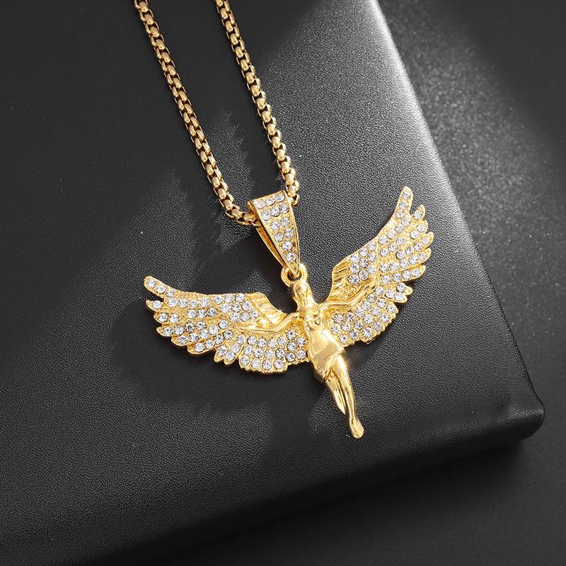 Vintage Neutral‑Style Gold‑Tone Diamond‑Inlaid Angel‑Wings Pendant Necklace, Unisex Rap‑Hip‑Hop‑Inspired Fashion Decorative Jewelry