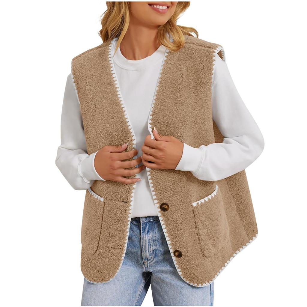 Dame Fuzzy Fleece Vest Ermløs Fargeblokkert Jakke Knappelukking Yttertøy Med Lommer