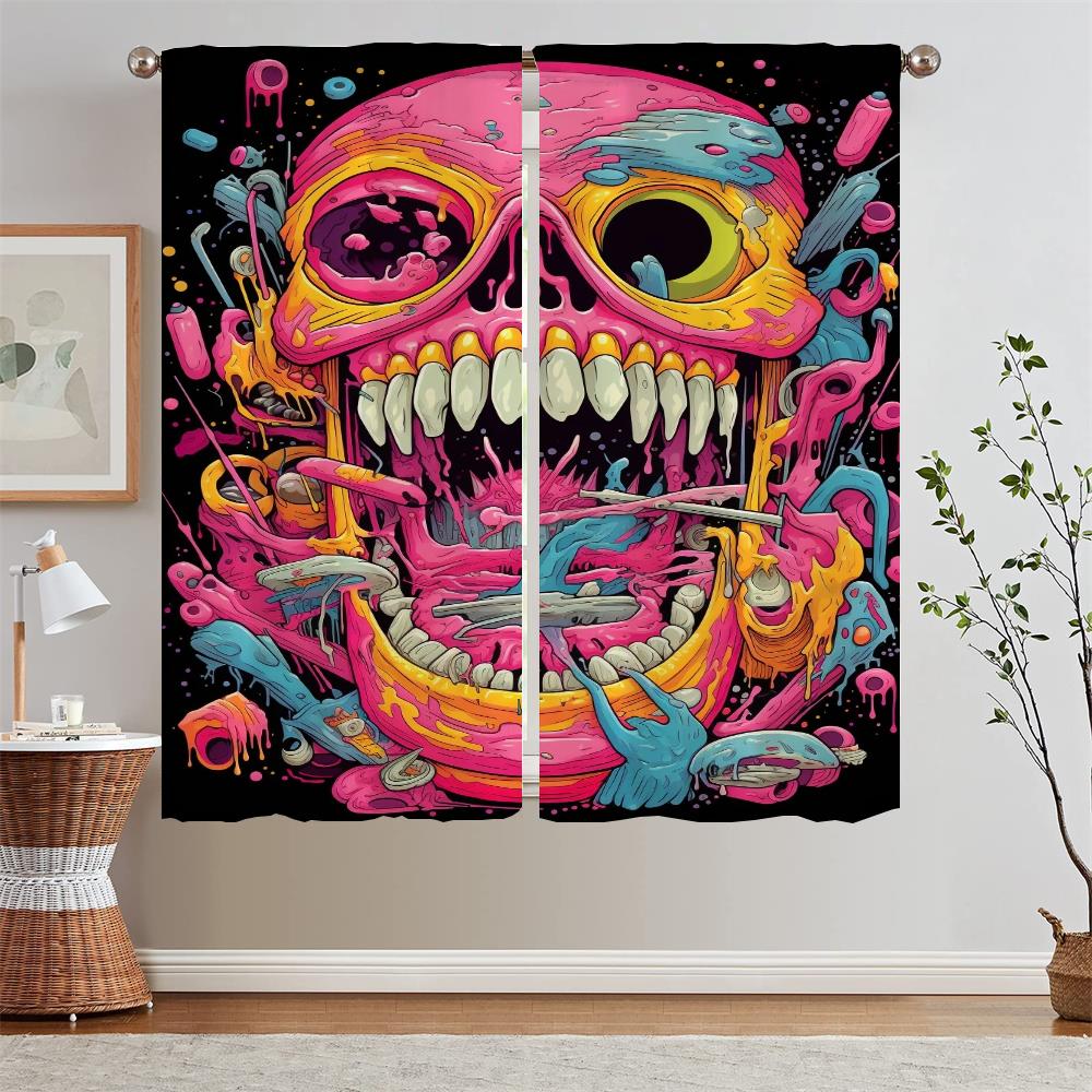Cartoon Skull Illustration Kitchen Curtain Tiebacks Bedroom Curtains 2 Pieces Black Out Curtains for Living Room Tentacles Blind