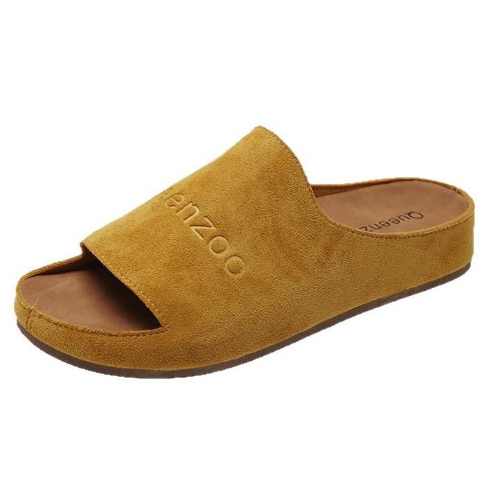 Retro niche yellow frosted leather one-word open-toed platform slippers women's summer wear casual shoes cool slippers