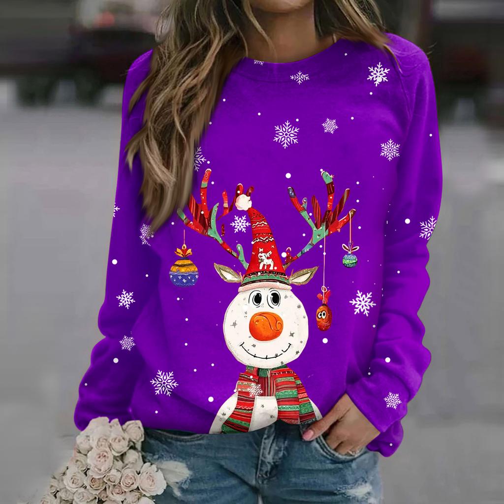 Dámská módní ležérní mikina s dlouhým rukávem a vánočním potiskem na krku