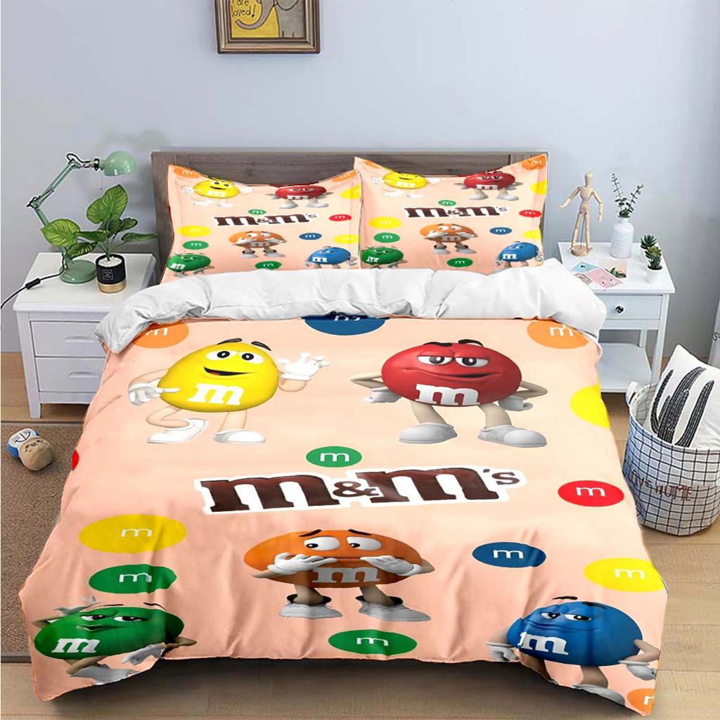 Hot Fashion M&M Chocolate Logo Print Bedding Sets Exquisite Bed Supplies Set Duvet Cover Bed Comforter Set Bedding Set Kids Gift