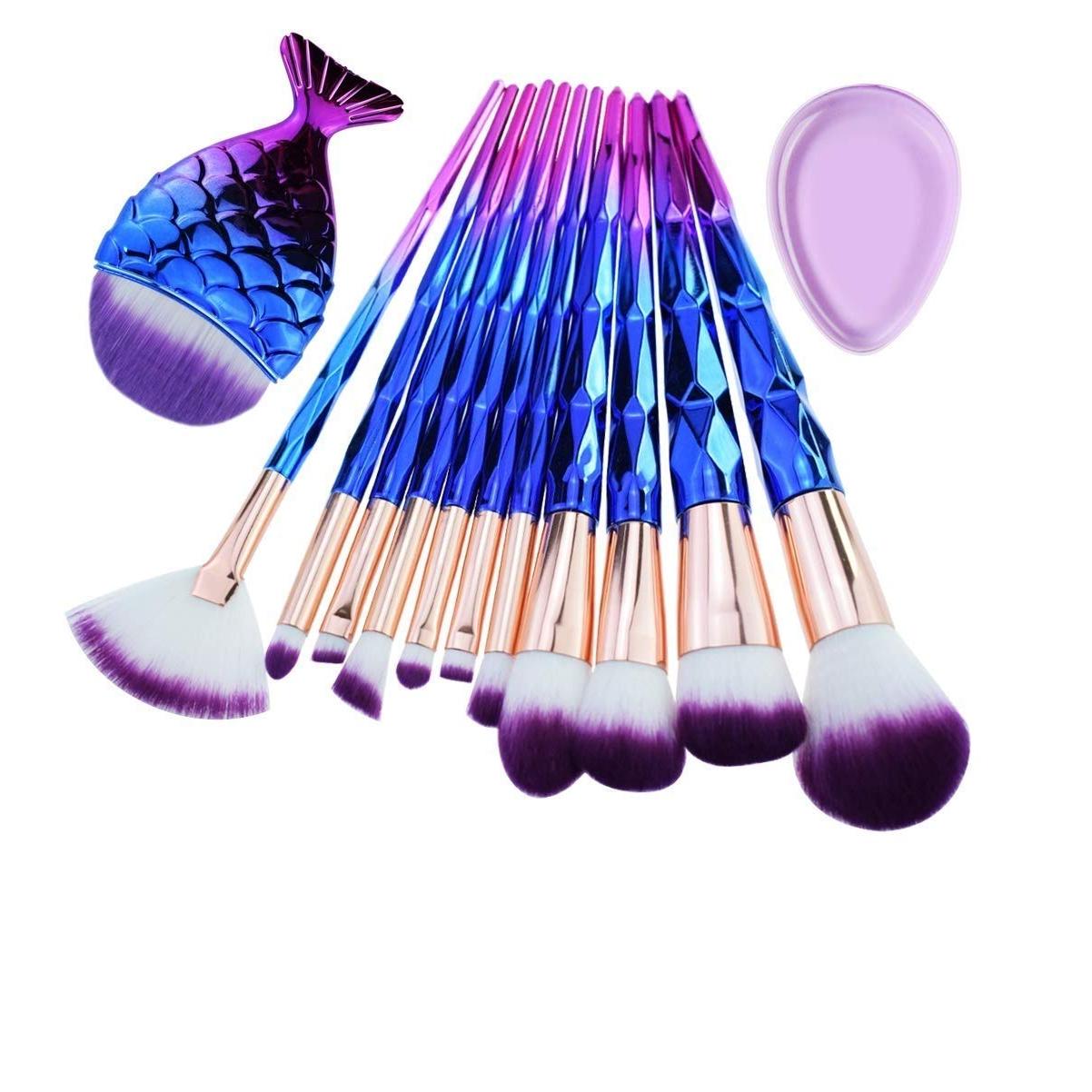 

Набор кистей для макияжа с бриллиантовой ручкой и большим рыбьим хвостом для губ с тенями для век - 12 шт.