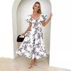Spring and summer new temperament slim print bubble sleeves big pendulum high-end dress women