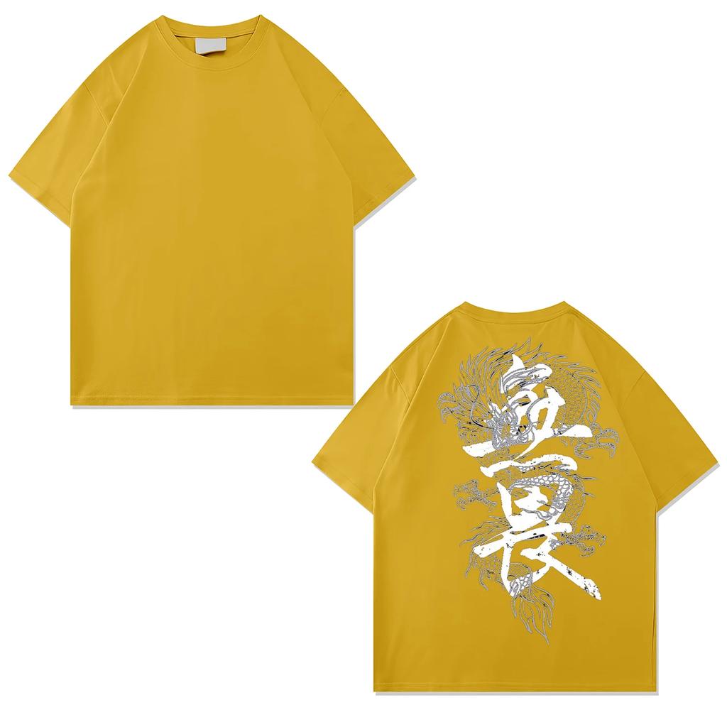 Solid color dragon print casual fashion 100% pure cotton round neck short sleeved summer men's and women's T-shirt 13