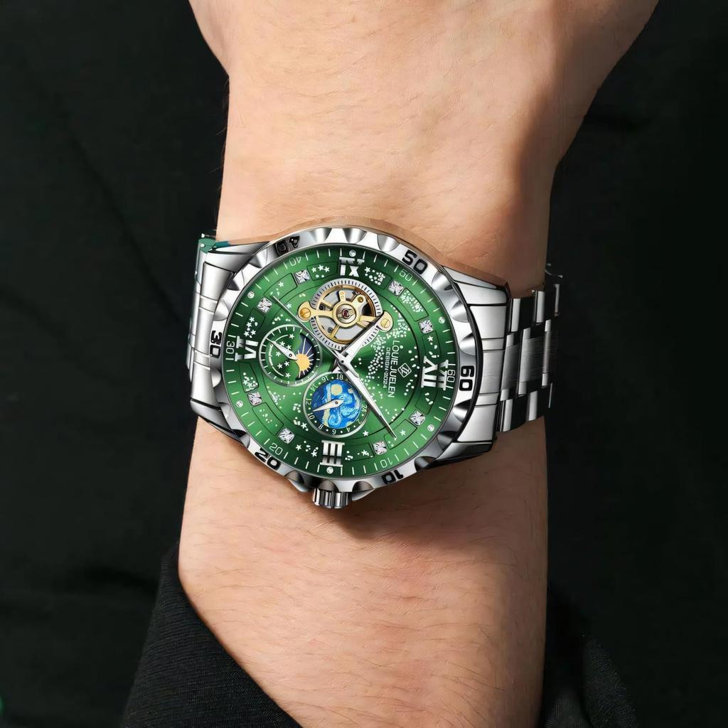 Luxury Automatic Mechanical Men Watch Fashion Moon Phase Business Watches Hollow Tourbillon Stainless Steel Men Wristwatch