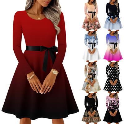 Damen Casual Mode Langarm Vintage Lange Kleider