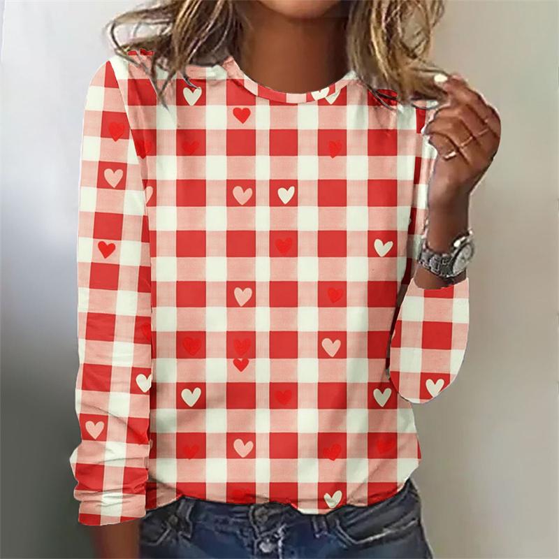 Spring and Autumn Round Neck 3D Love Heart Graphic Printed Top Fashionable Elegant Casual Long Sleeved Women's T-shirts