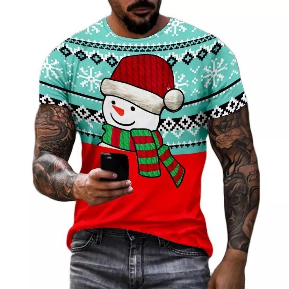 Niedliches 3D-gedrucktes Weihnachtsmuster Herren Modisches Lässiges Kurzarm-Rundhals-T-Shirt