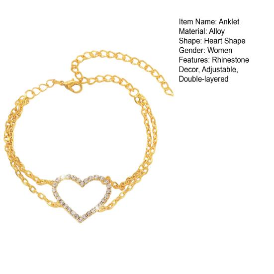Fußkettchen für Frauen, ausgehöhltes Herz, doppellagiges Strass-Dekor, verstellbare Länge, polierter Damen-Fußkettchen, Fußkettchen, Geschenk zum Geburtstag oder Jahrestag