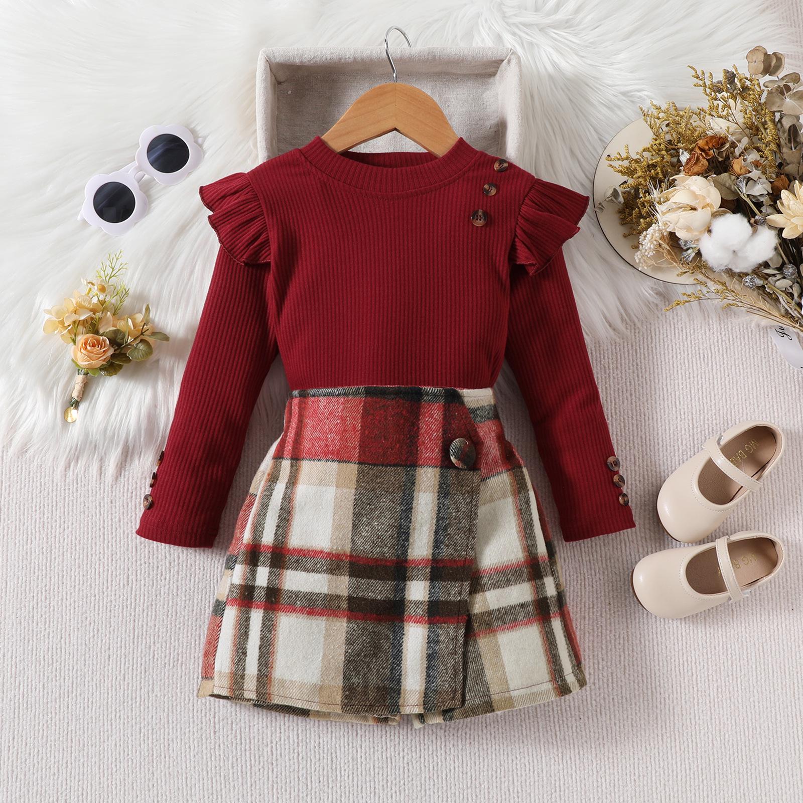 

Girls Autumn & Winter Set: Solid Color Ribbed Fly Sleeve Top with Irregular Plaid Skirt and Pants 90 cm