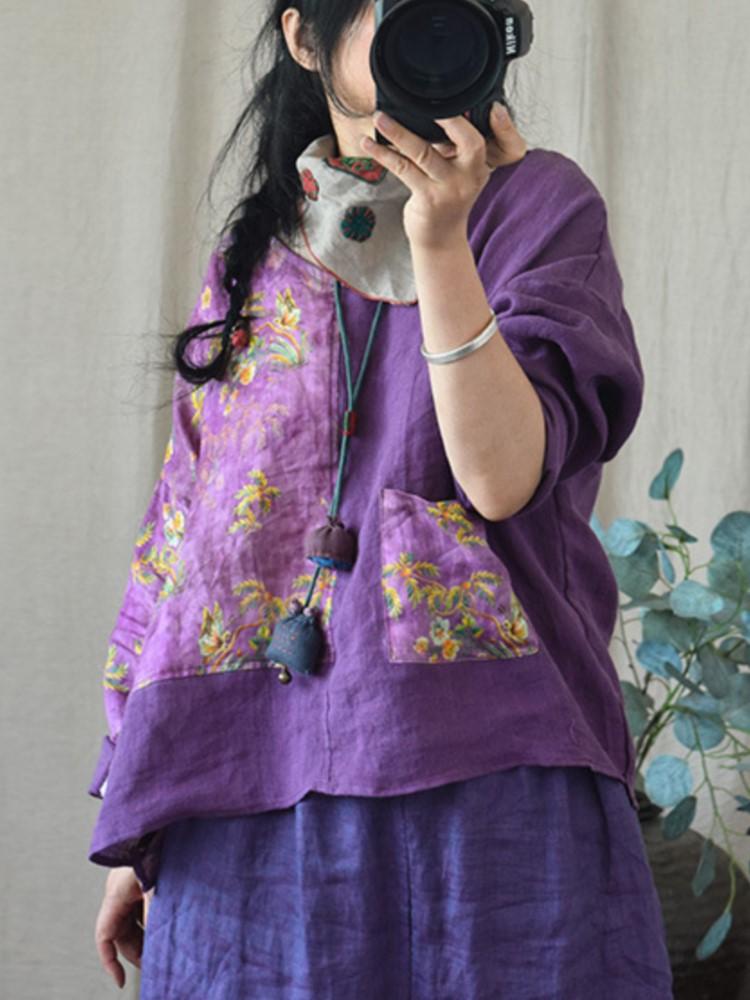 Johnature Women Vintage Linen Patchwork Color Tees Long Sleeve V-Neck Spring Tshirts Loose T-Shirts