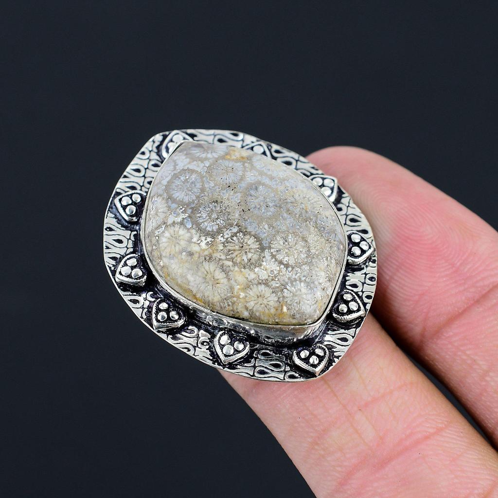 Fossil Coral Gemstone Sterling Silver Solitaire Engagement Ring Jewelry Size 7