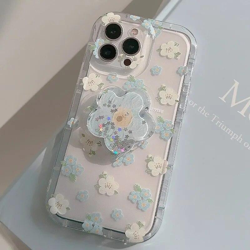 Husă de telefon din silicon cu flori drăguță, transparentă, pentru iPhone 15 14 13 12 11 Pro Max, husă de protecție moale, moale, antișoc, cu suport