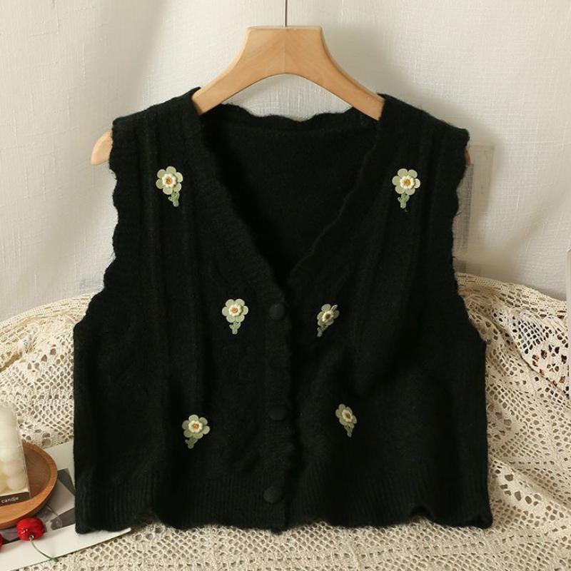 Women's Floral Embroidered Knitted Vest Cardigan for Outer Wear Autumn and Winter Style Loose Age-Reducing Lace Sleeveless Vest Top