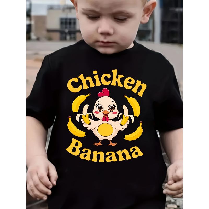 European sizes boy T-shirt Funny  Print T-Shirt - Cute Cartoon Chicken Banana  Chickens with BANANA Lettering Short Sleeve Round Neck Summer Top 164cm