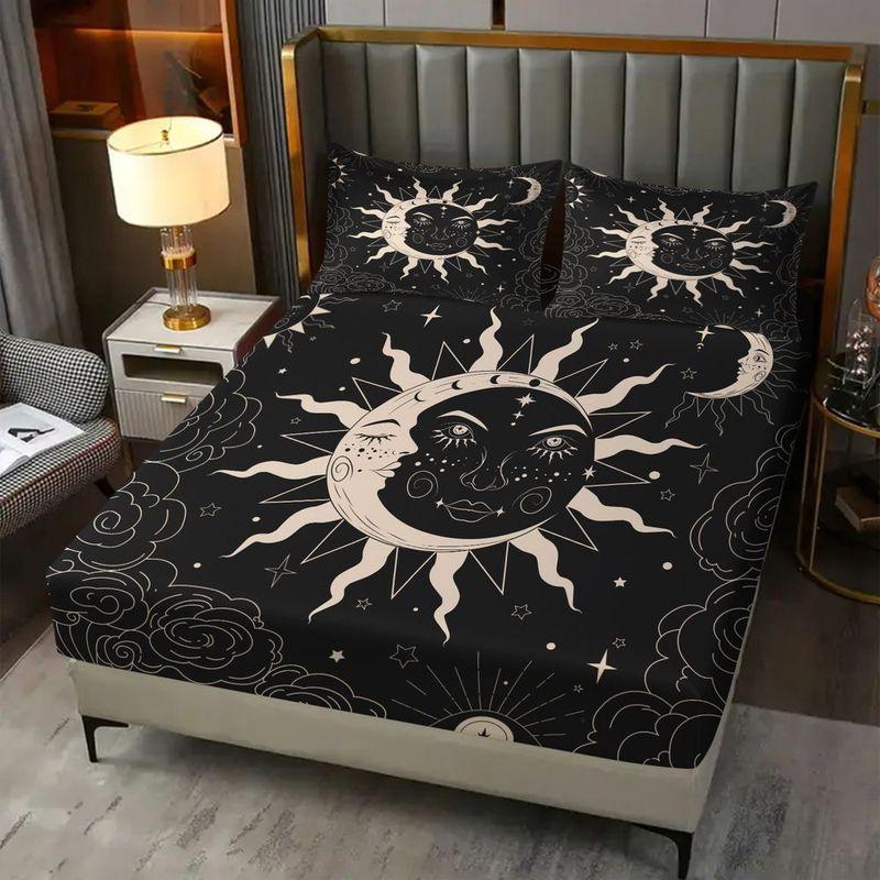 Celestial Sun and Moon Fitted Sheet Set Mystical Black and White Bed Sheets Set Starry Sky Bedding Set Soft Microfiber Bed Cover