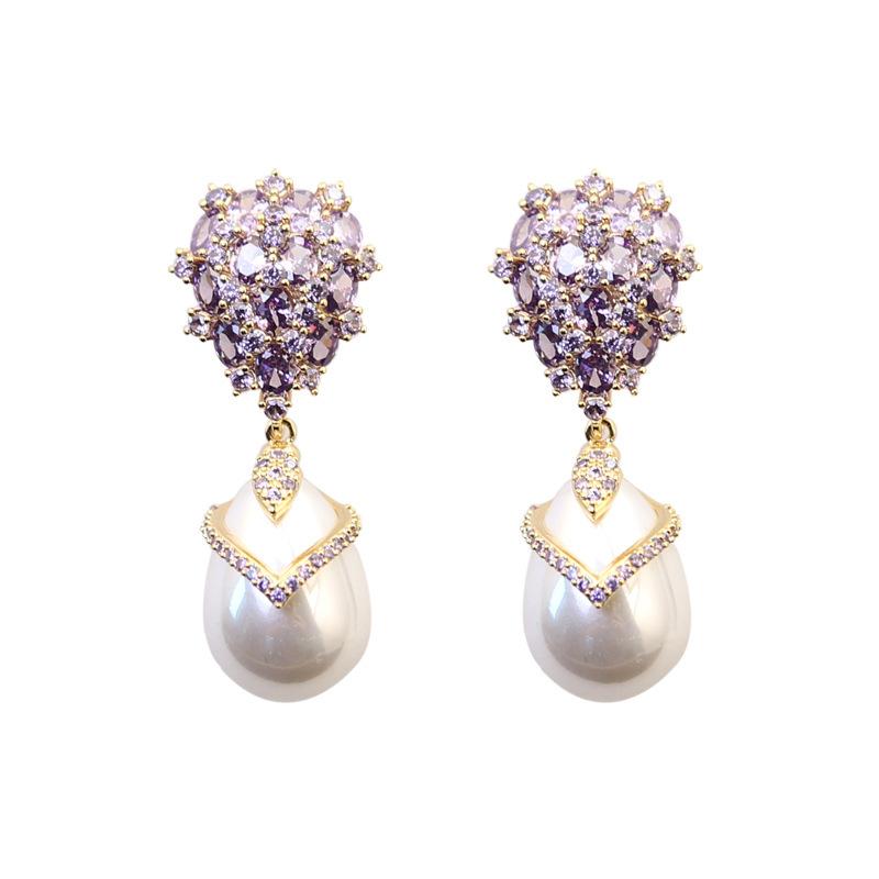 Noble luxury water drop pearl earrings temperament retro inlaid zircon silver needle earrings design sense earrings