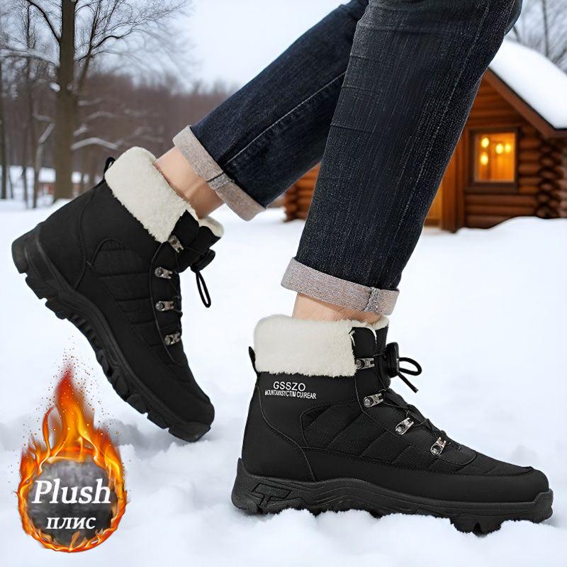 Mens Large Size Thick Sole Winter Warm Fur One Snow Boots Padded Lined Ankle Boots Anti-slip Hiking Casual Sports Cotton Boots